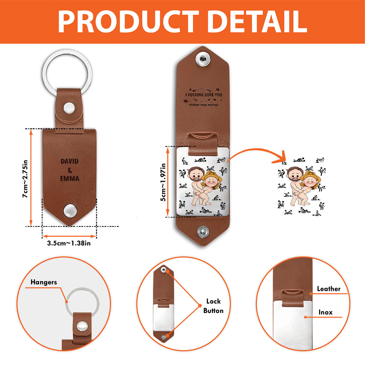 Je t'aime - Porte-clés photo personnalisé en cuir pour couple « Je t'aime »