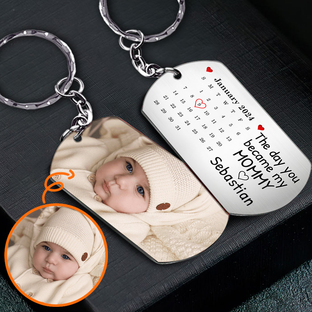 Calendrier photo personnalisé « Le jour où tu es devenu(e) ma maman/mon papa » - Porte-clés personnalisé en acier inoxydable pour maman