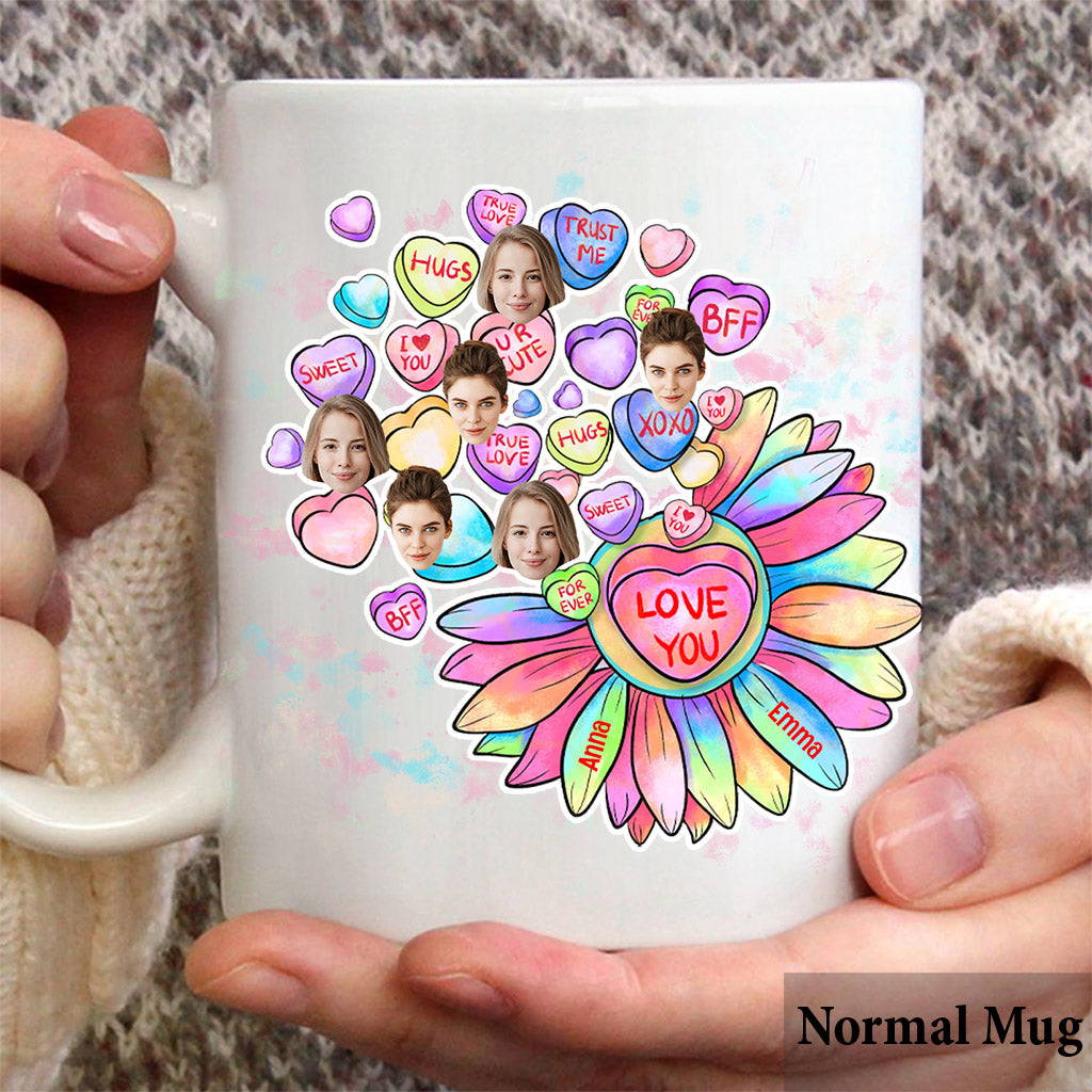 Mug personnalisé pour meilleure amie - Cœur, bonbon et fleur - Avec visage