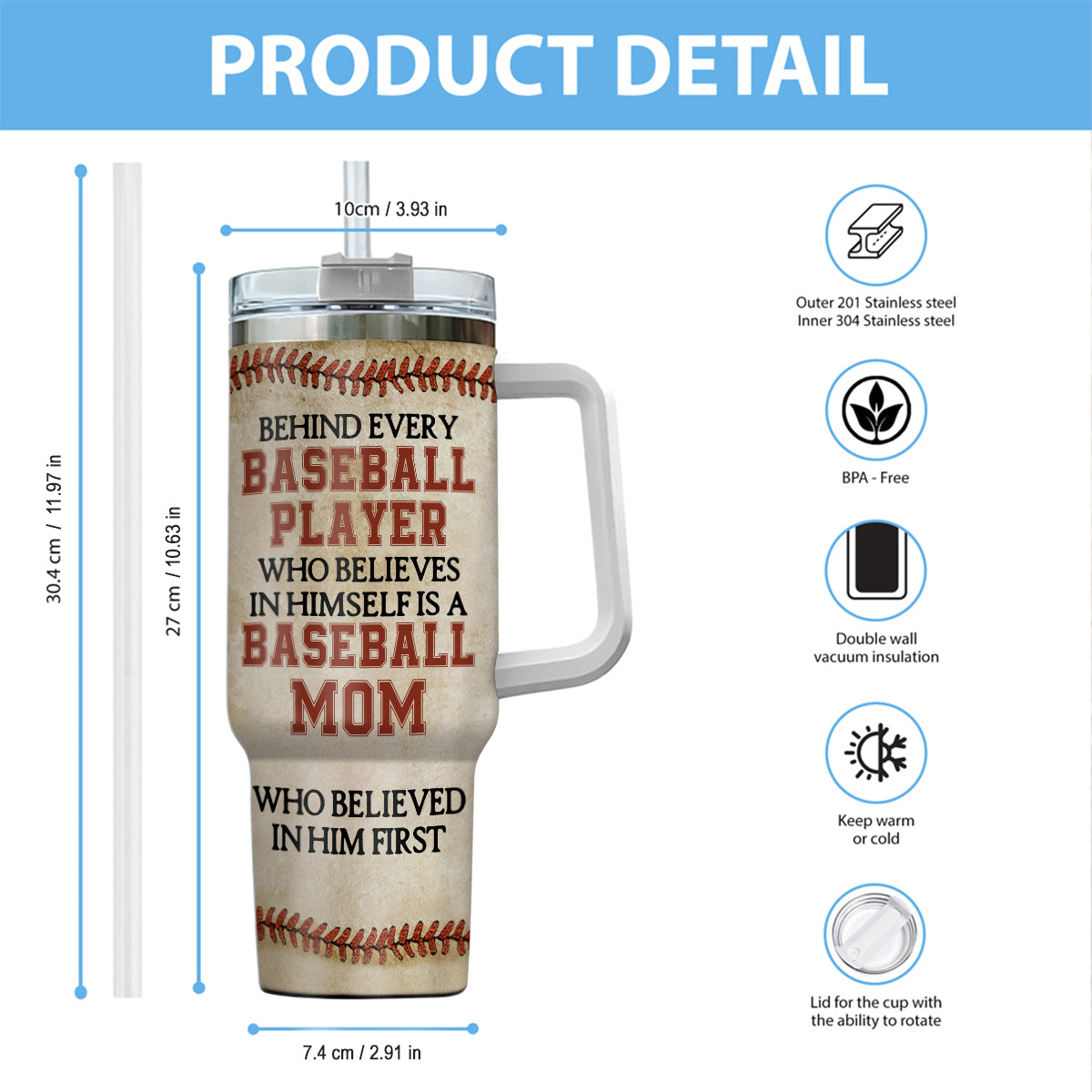 Derrière chaque joueur de baseball se cache une maman - Gobelet isotherme personnalisé avec poignée