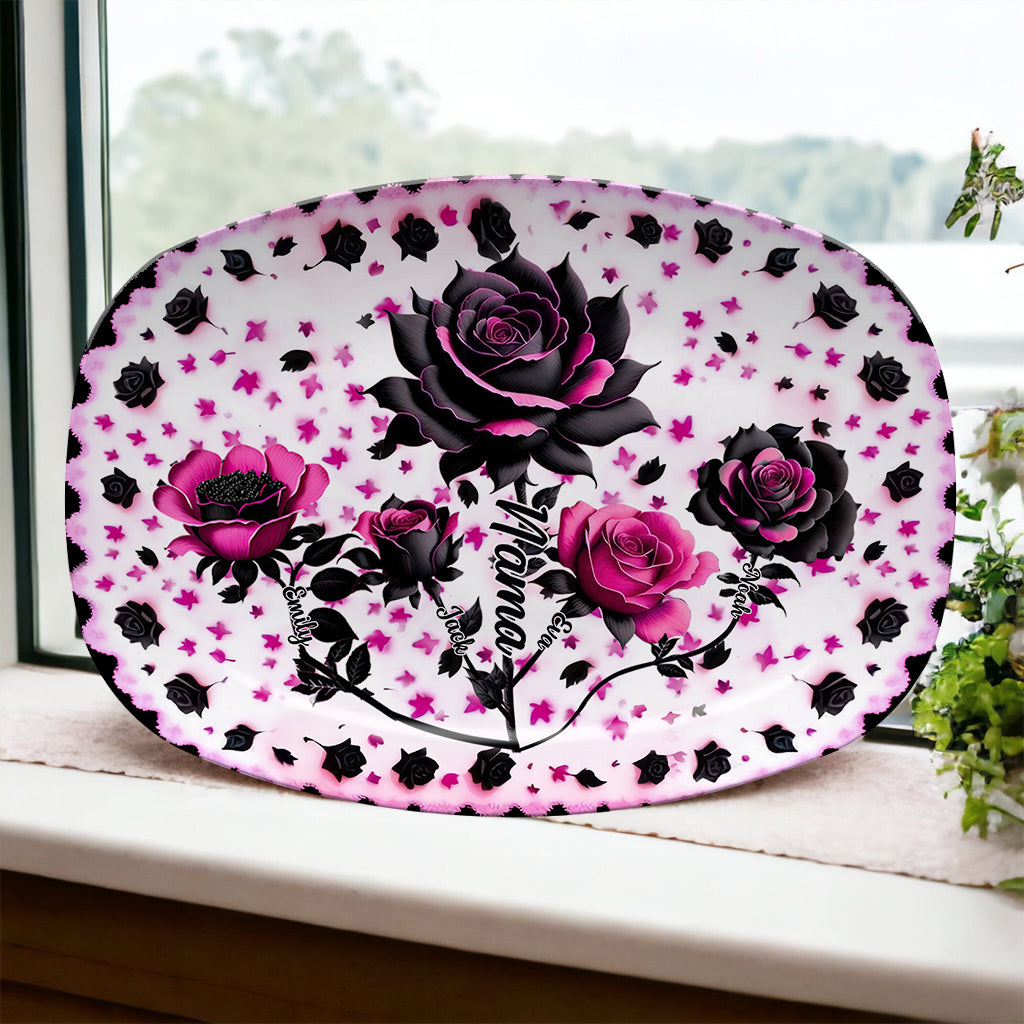 Assiette personnalisée « Mère, Grand-mère et Enfants » avec roses noires et roses
