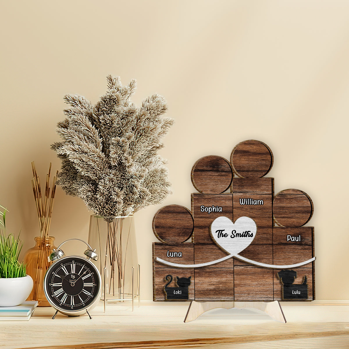 Figurines familiales en bois - Panneau/plaque en bois personnalisé à 2 niveaux pour la famille