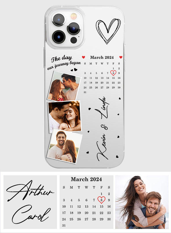 Photos et calendrier personnalisés « Le jour où notre histoire a commencé » - Coque de téléphone transparente personnalisée pour couple