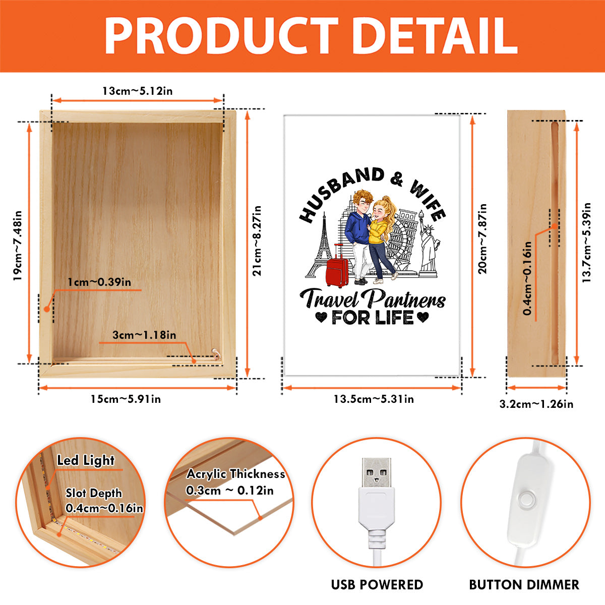 Partenaire de voyage pour la vie - Cadre photo lumineux personnalisé pour couple