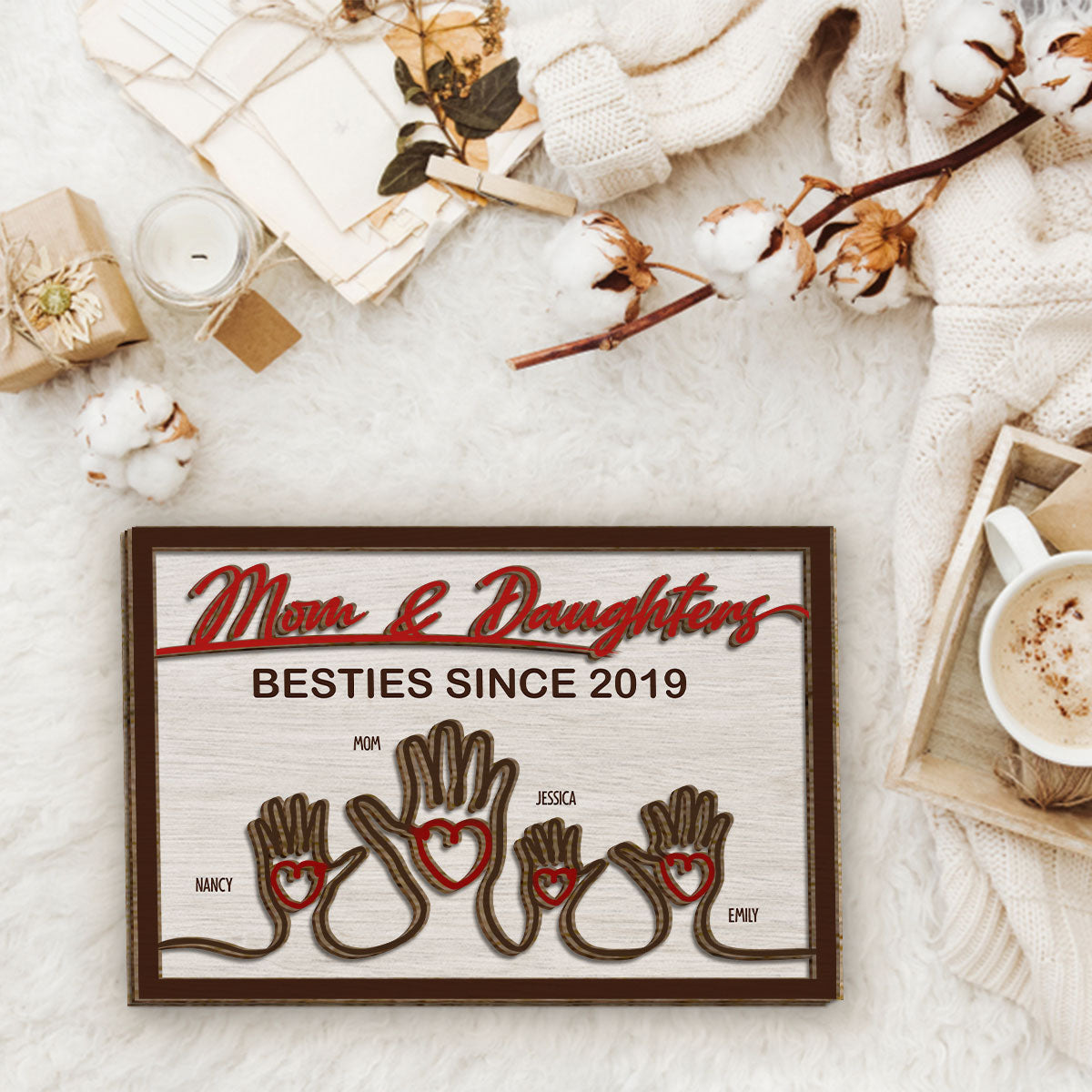 Mains de la mère et des enfants - Plaque en bois personnalisée à 2 couches « Mère »