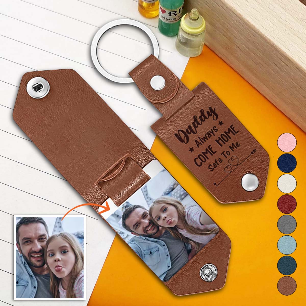 Porte-clés en cuir personnalisé avec photo - Cadeau pour papa - Porte-clés photo en cuir personnalisé