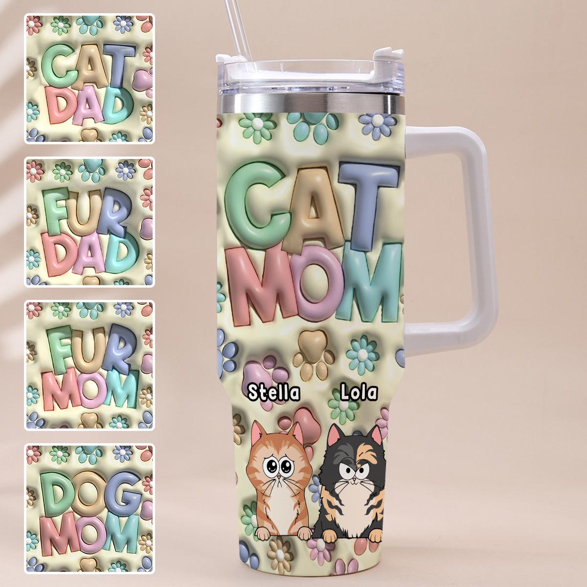 Pet Mom/ Pet Dad Inflated Paws & Flowers - Personalized Dog Tumbler With Handle