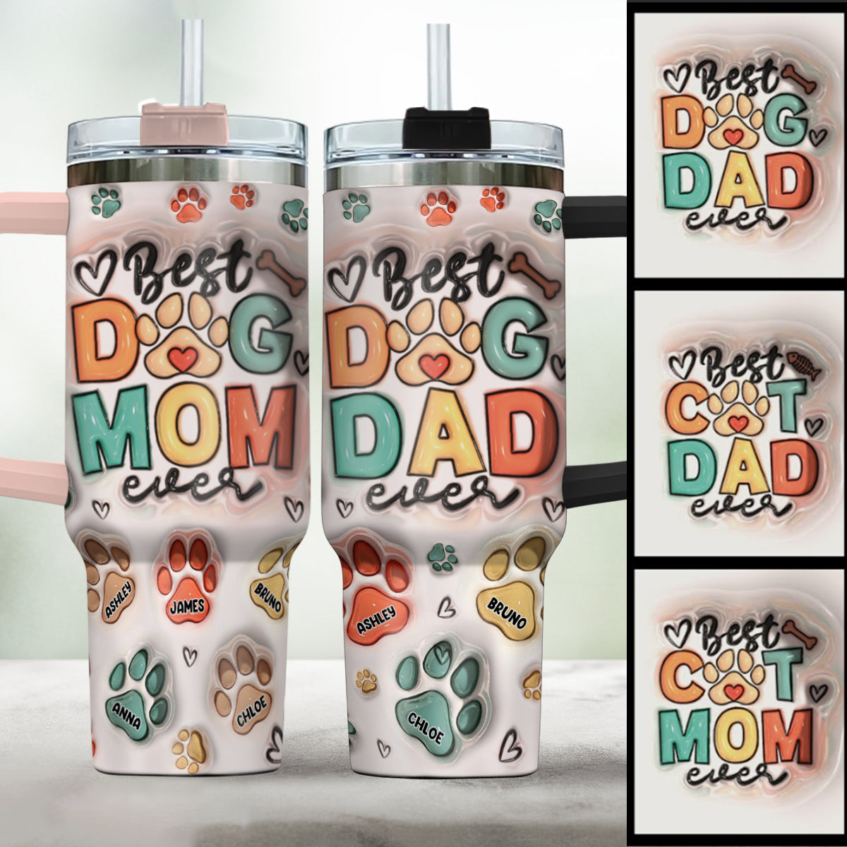 Meilleure maman/Meilleur papa d'animal de compagnie au monde - Gobelet gonflable personnalisé pour chien avec poignée