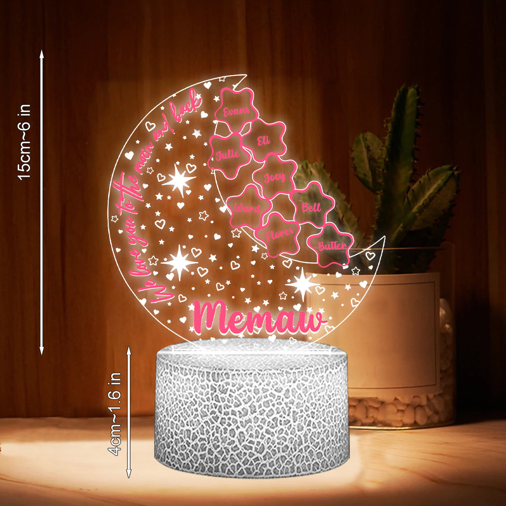 On t'aime jusqu'à la lune et retour - Plaque lumineuse personnalisée en forme de grand-mère