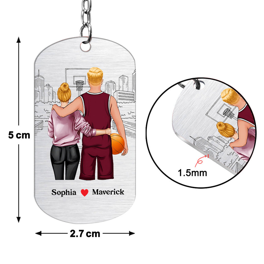 Rentrez chez vous en toute sécurité - Porte-clés personnalisé en acier inoxydable sur le thème du basketball