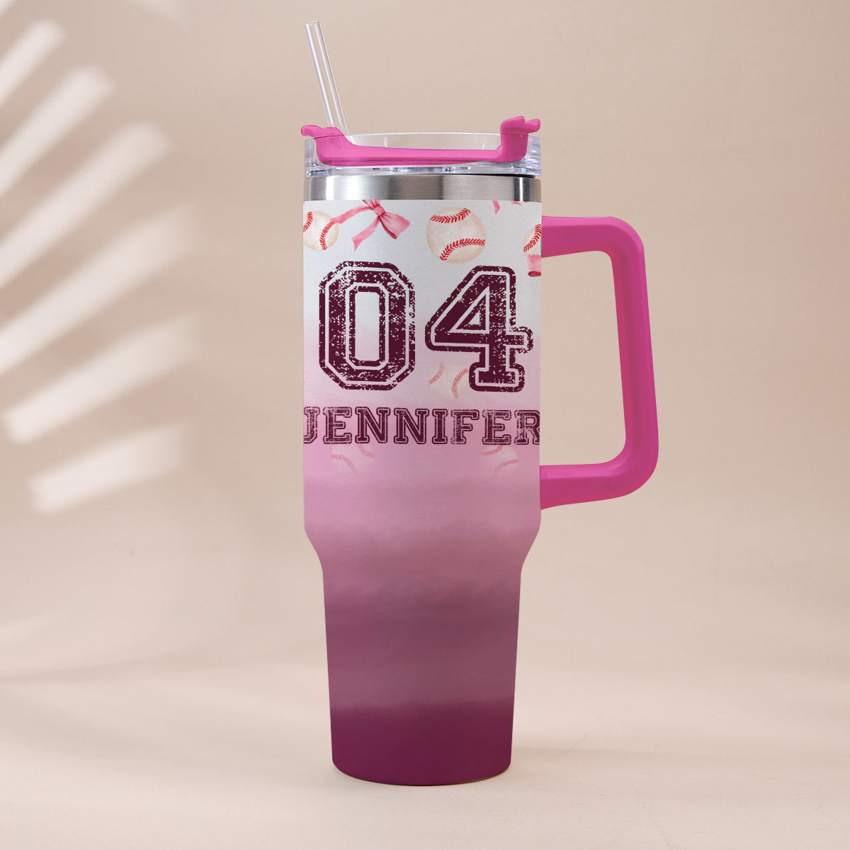 Baseball Coquette Ribbon Pink Gradient - Personalized Baseball Tumbler With Handle