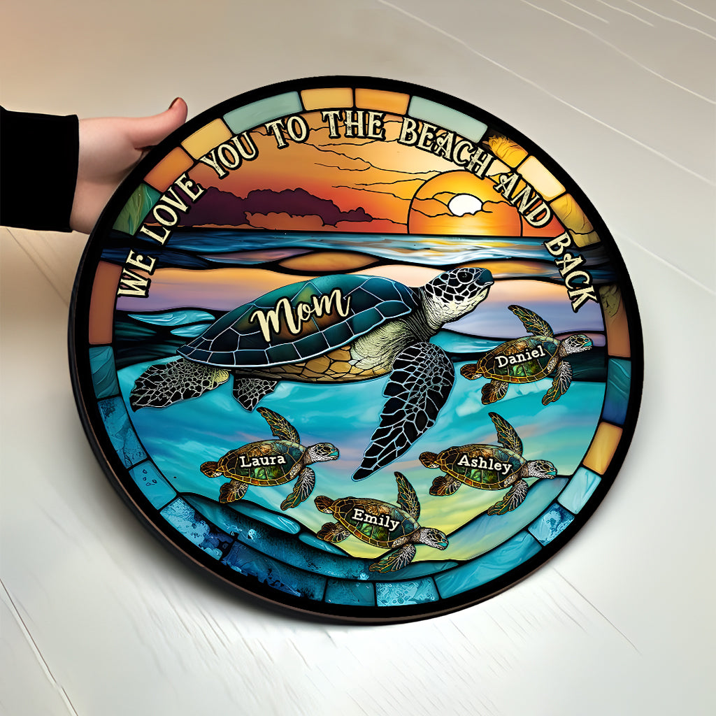 Je t'aime jusqu'à la plage et retour - Mère tortue et ses petits - Panneau rond en bois personnalisé avec tortue