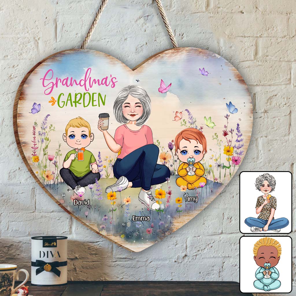 Jardin de grand-mère - Panneau en bois personnalisé en forme de grand-mère