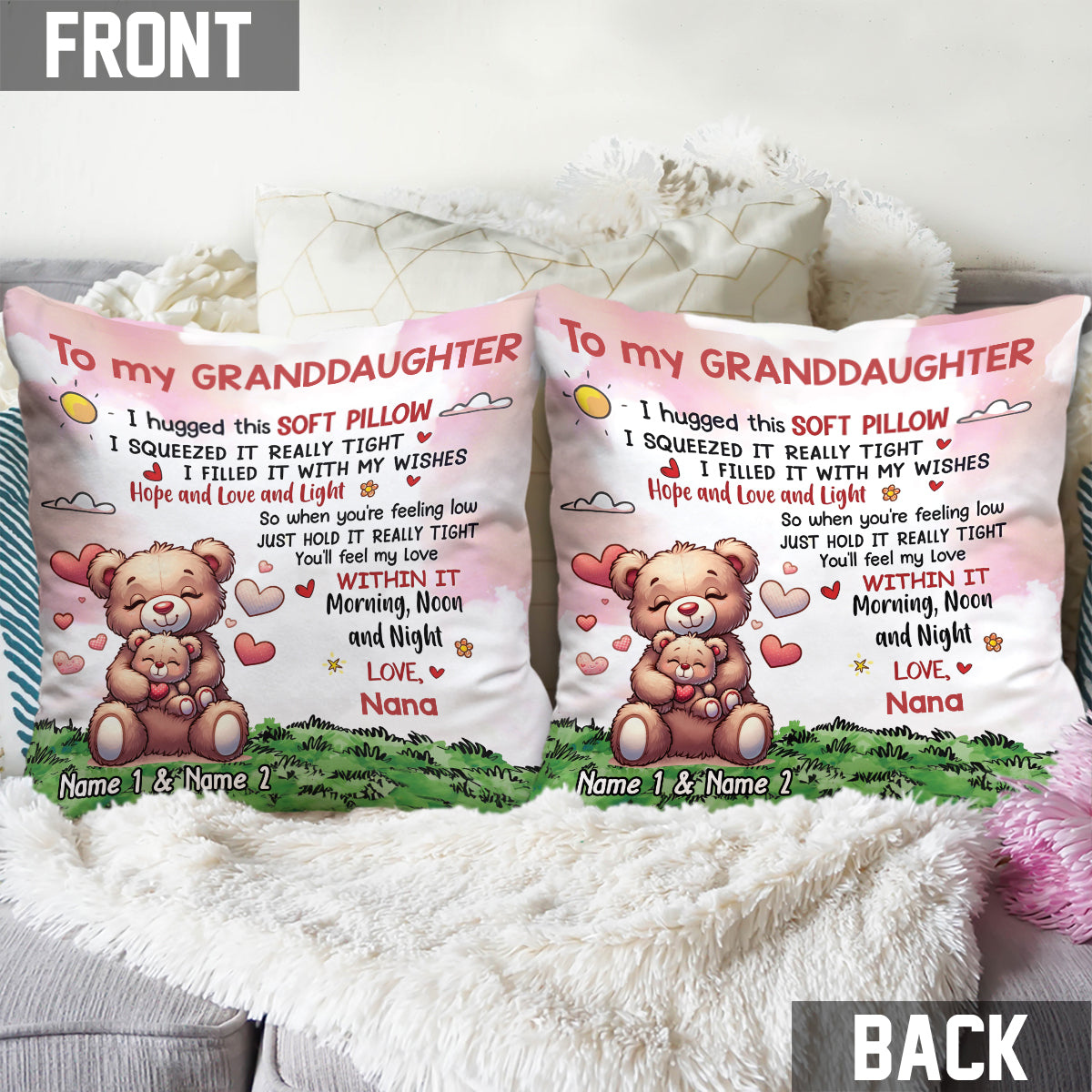 Coussin décoratif personnalisé pour grand-mère - Petit-fils ours et petite-fille