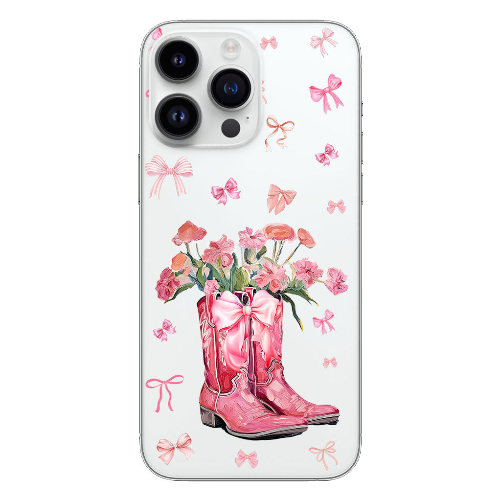 Bottes de cowgirl Coquette - Coque de téléphone transparente personnalisée avec motif cheval
