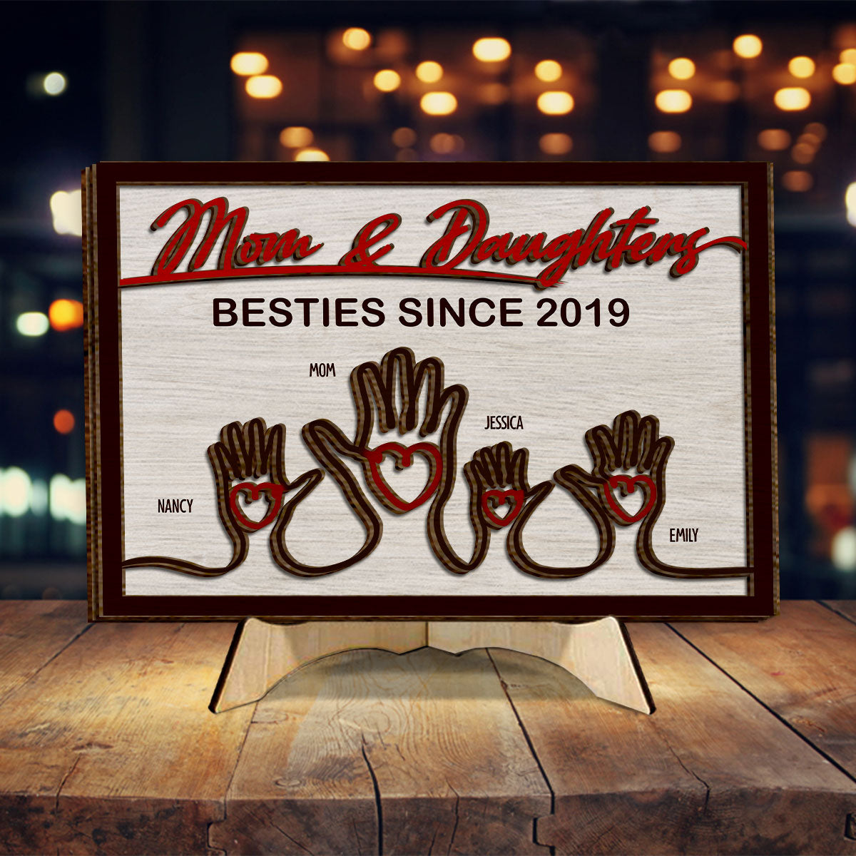 Mains de la mère et des enfants - Plaque en bois personnalisée à 2 couches « Mère »