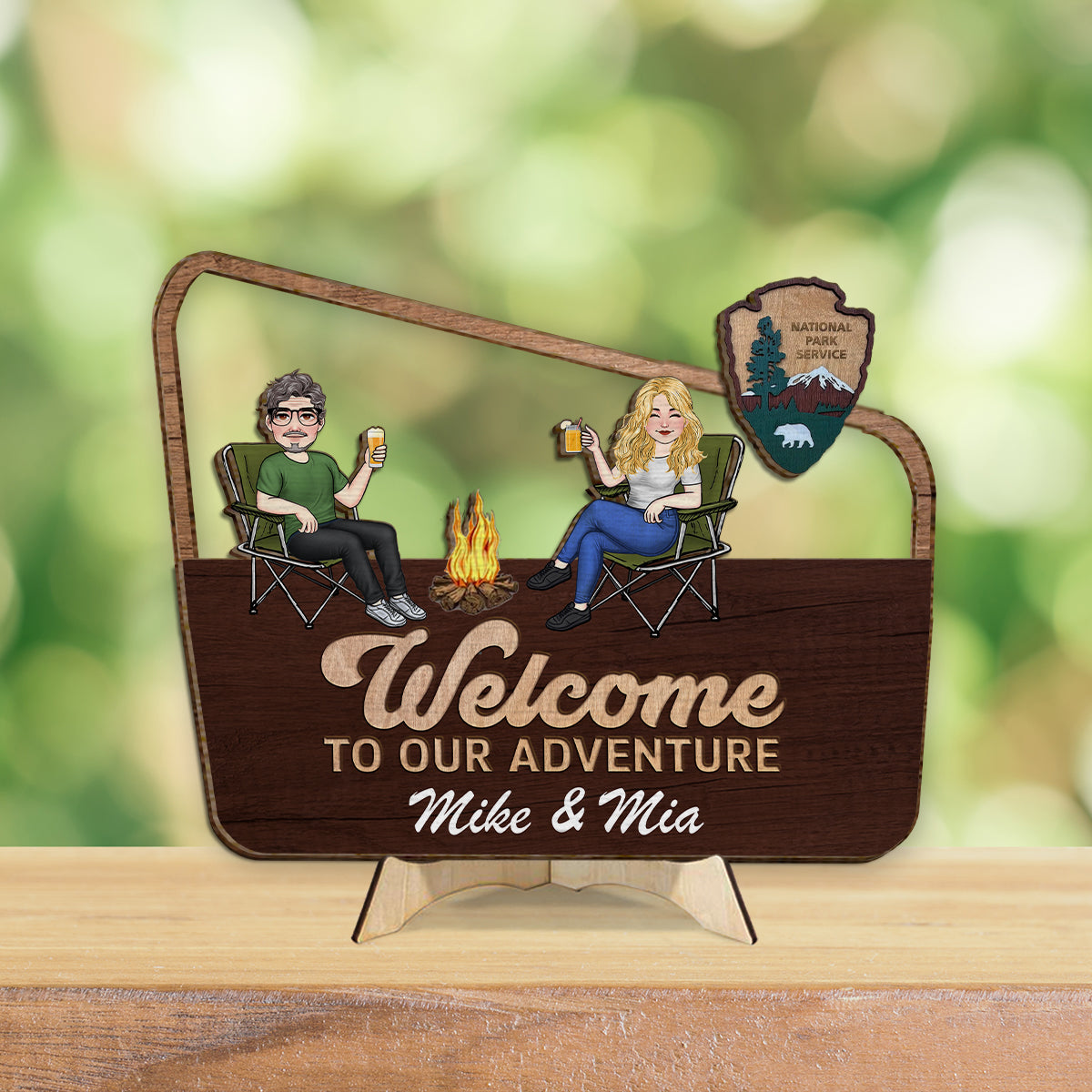 Bienvenue dans notre aventure ! Panneau/plaque en bois personnalisé(e) à deux couches pour le camping
