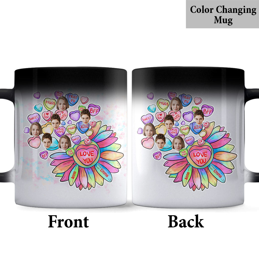 Mug personnalisé pour meilleure amie - Cœur, bonbon et fleur - Avec visage