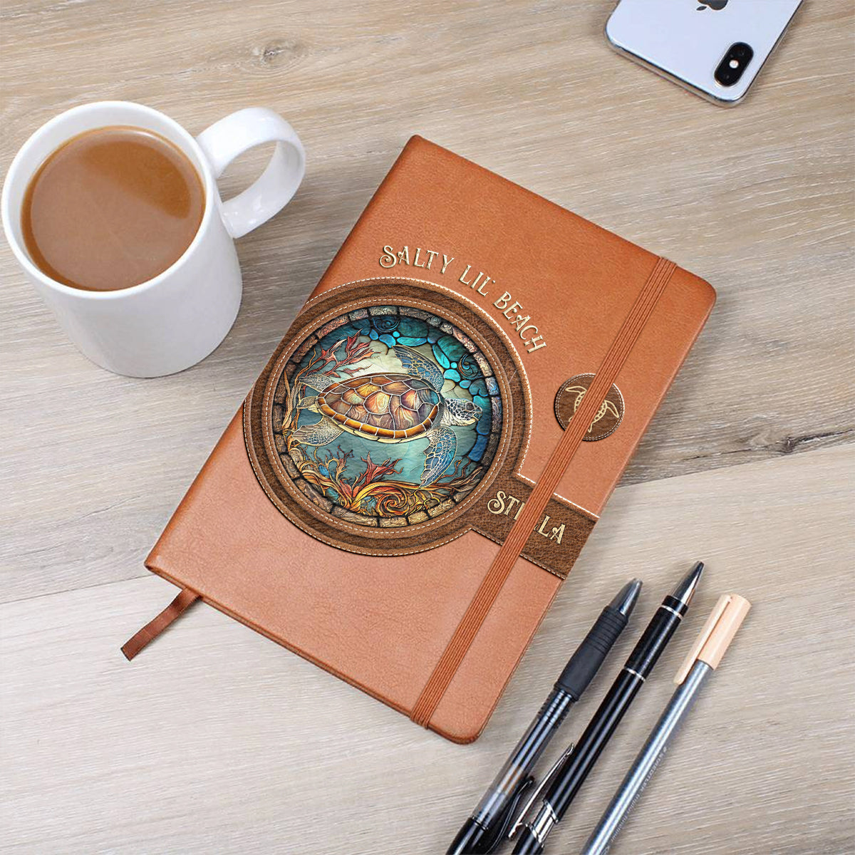 Salty Lil Beach - Carnet de notes personnalisé en cuir de tortue