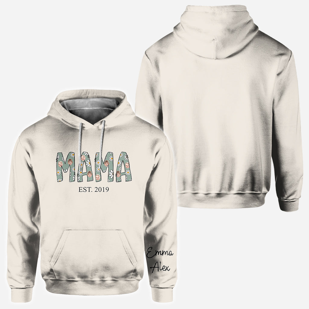 T-shirt personnalisé « Mama Est. Photo Face Daisy » - T-shirt intégral pour maman