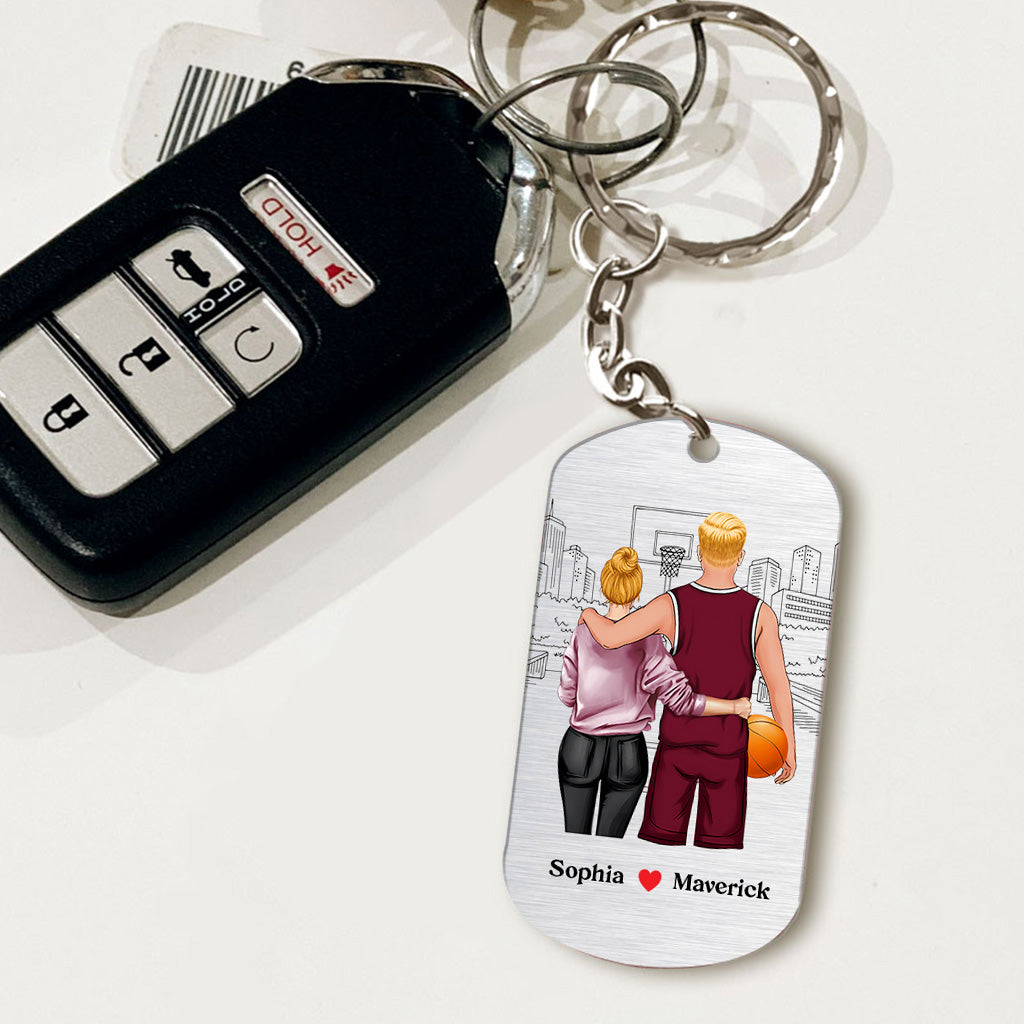 Rentrez chez vous en toute sécurité - Porte-clés personnalisé en acier inoxydable sur le thème du basketball