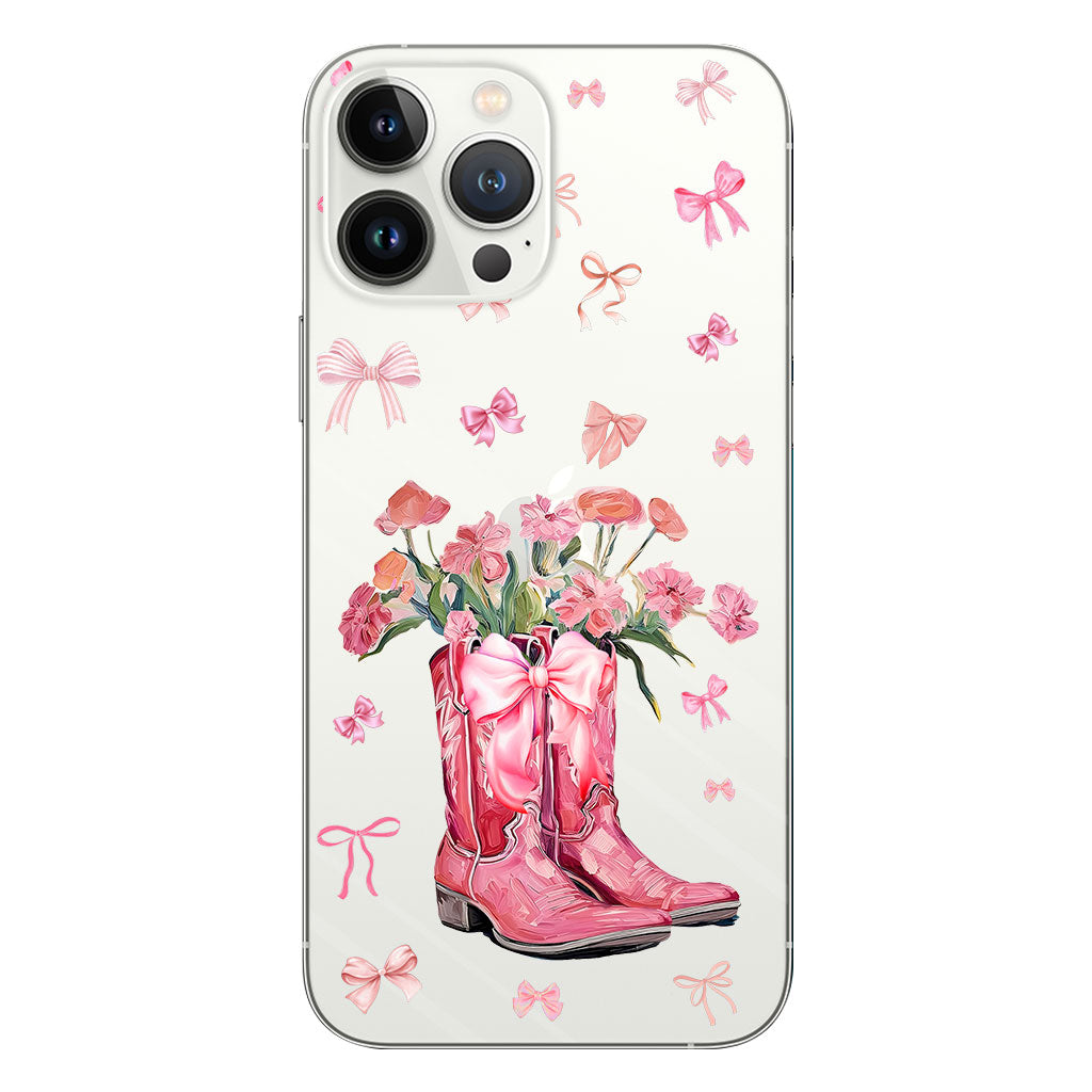 Bottes de cowgirl Coquette - Coque de téléphone transparente personnalisée avec motif cheval