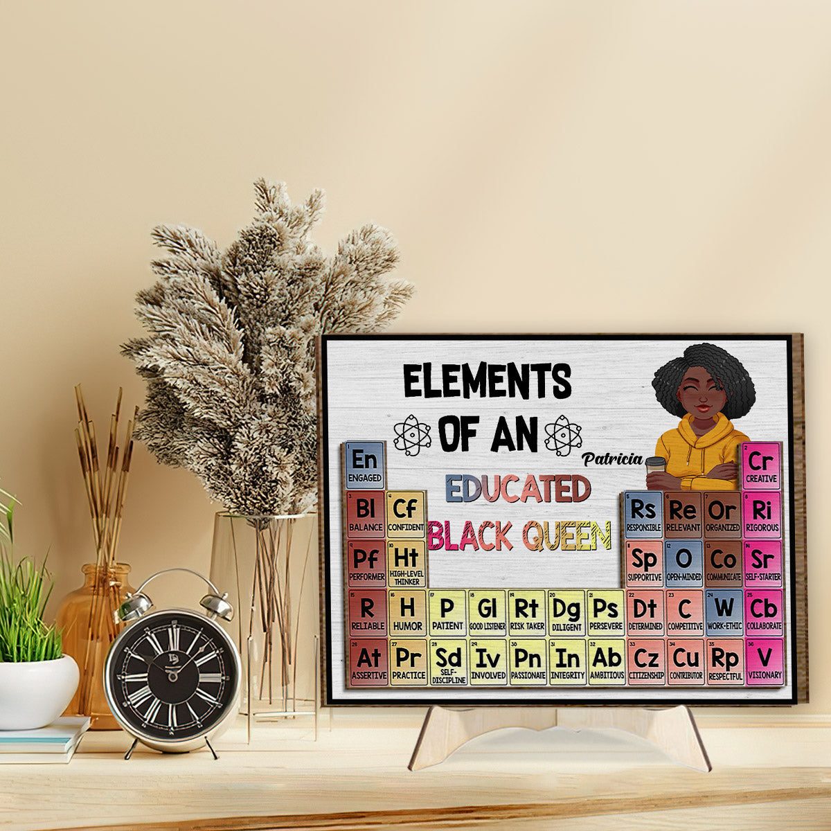 Éléments d'une reine noire instruite - Plaque en bois personnalisée afro-américaine à 2 couches