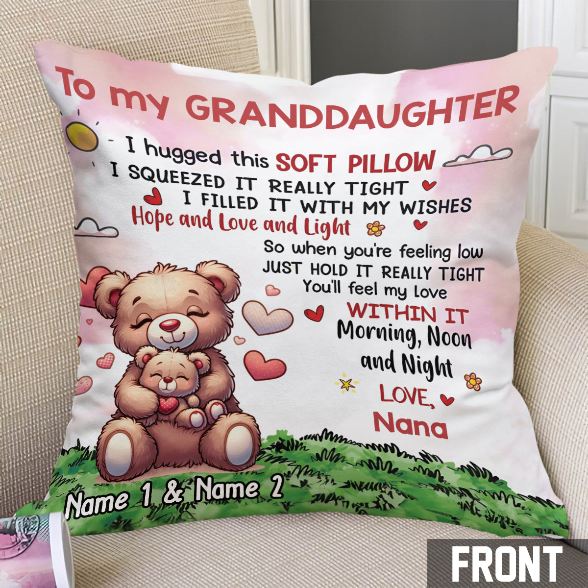 Coussin décoratif personnalisé pour grand-mère - Petit-fils ours et petite-fille