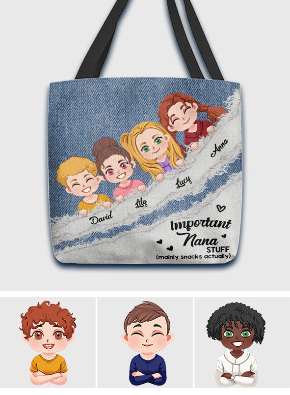 Sac fourre-tout personnalisé « Important Nana Stuff » à motif denim - Sac fourre-tout pour grand-mère