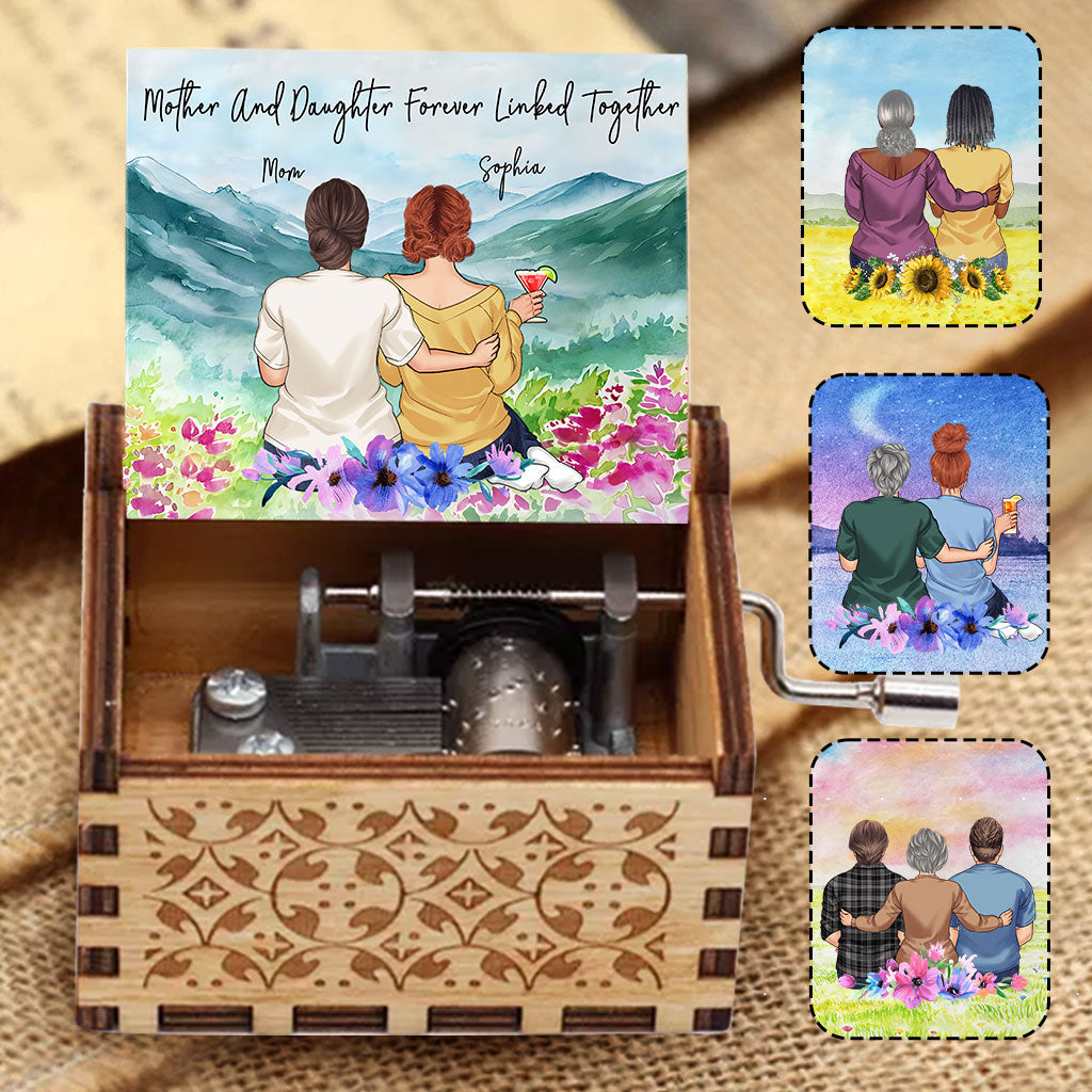 Mother And Daughter Forever Linked Together Watercolor Landscape - Personalized Mother Hand Crank Music Box