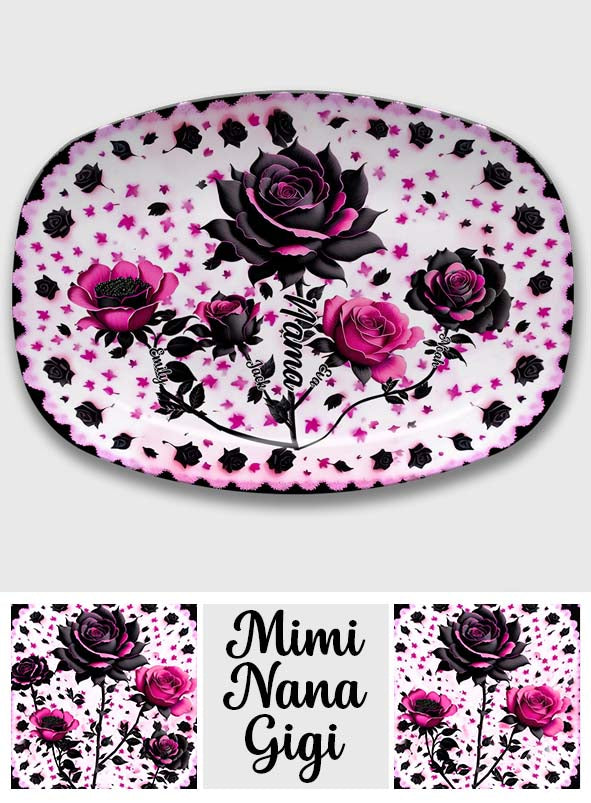 Assiette personnalisée « Mère, Grand-mère et Enfants » avec roses noires et roses