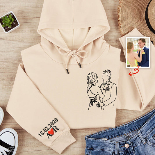 Sweat à capuche brodé personnalisé pour couple avec photo au trait