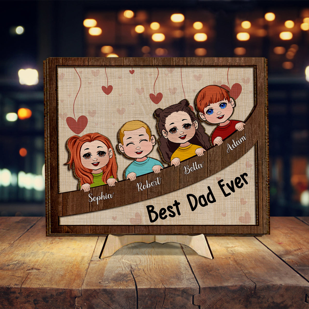 Meilleur papa, maman, grand-mère, grand-père pour toujours - Plaque en bois personnalisée 2 couches pour papa (Chibi Kids)