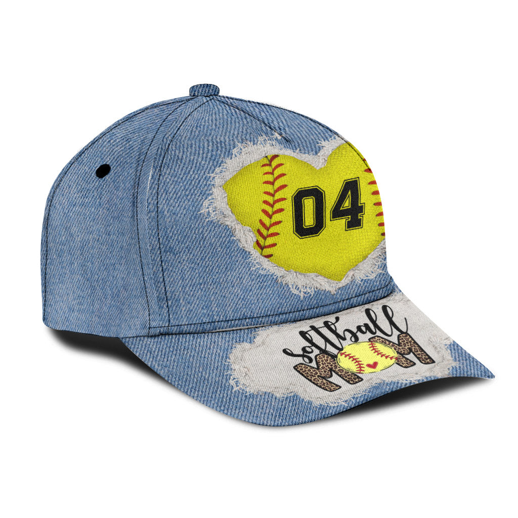 Softball Mom Number Custom Denim Pattern - Personalized Softball Classic Cap