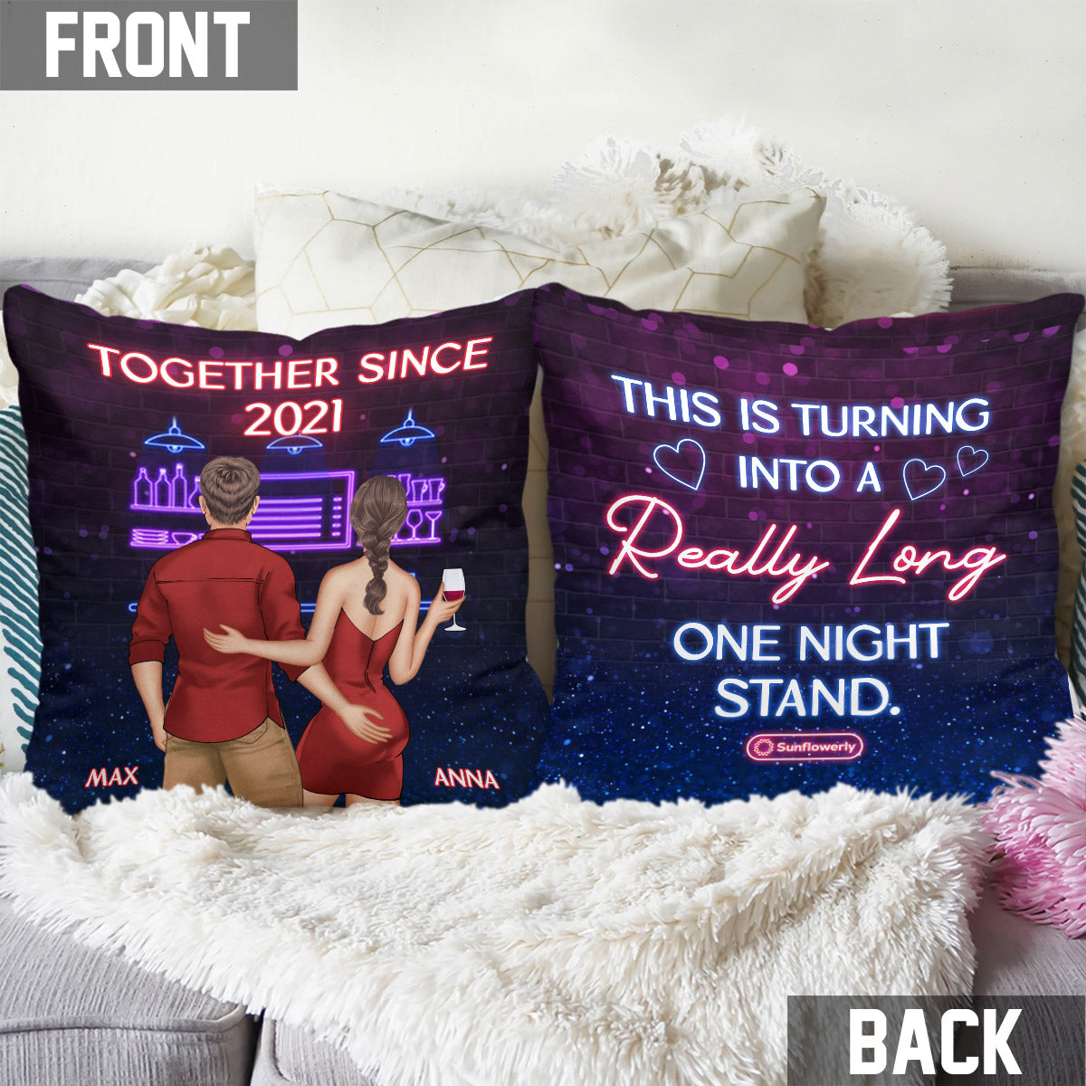 Ça se transforme en une aventure d'un soir qui dure vraiment longtemps - Coussin décoratif personnalisé pour couple
