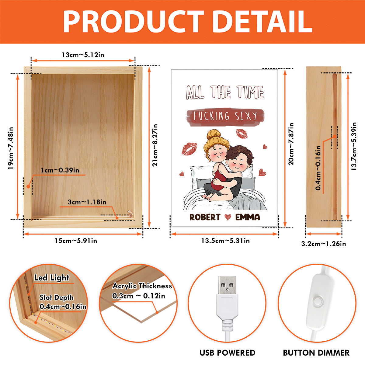 Je t'aime - Cadre photo personnalisé pour couple avec boîte lumineuse