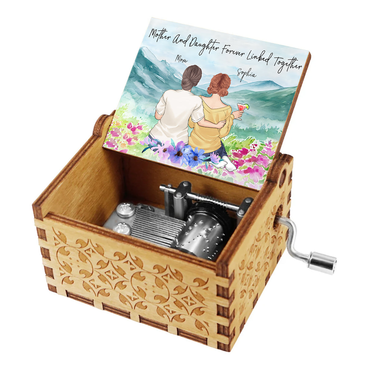 Mother And Daughter Forever Linked Together Watercolor Landscape - Personalized Mother Hand Crank Music Box