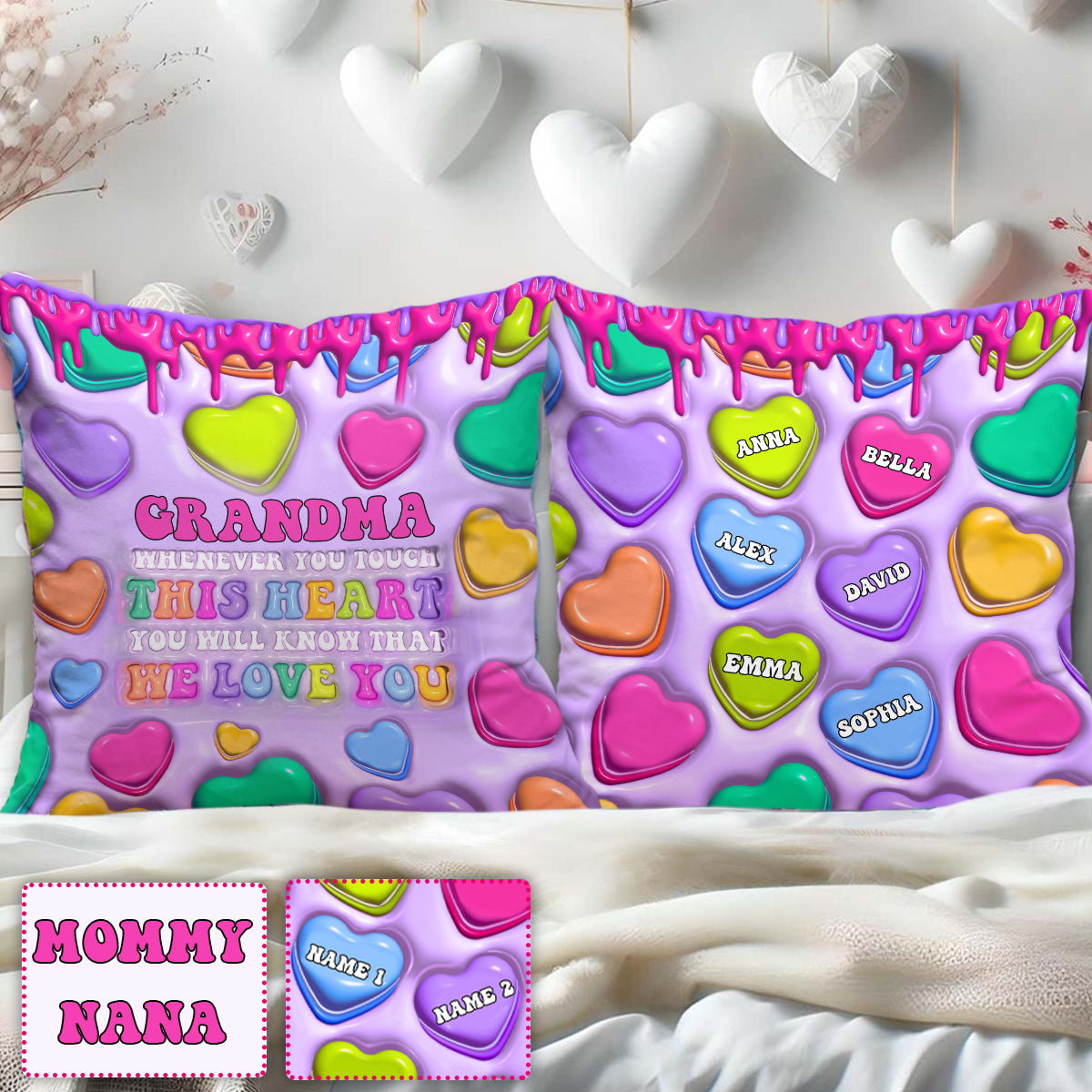 Touche ce cœur, je t'aime mamie, nana, gigi - Coussin décoratif personnalisé pour grand-mère