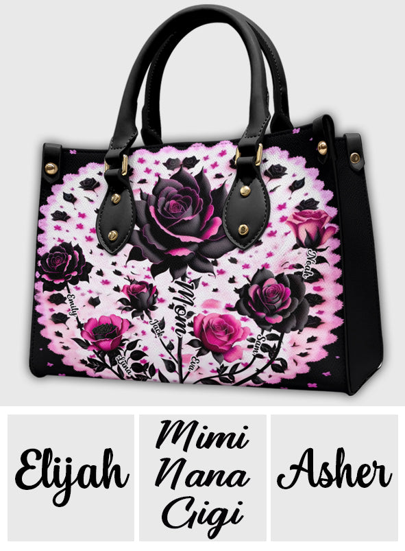 Sac à main en cuir personnalisé « Mère, Grand-mère et Enfants » avec roses noires et roses