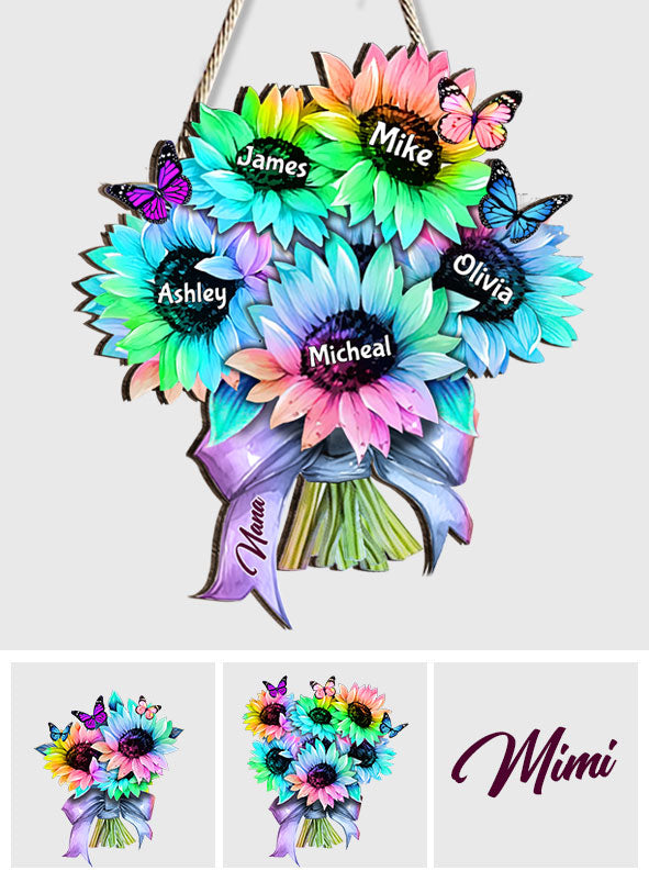 Sunflower Bouquet Custom Any Title And Name - Personalized Grandma Custom Shaped Wood Sign