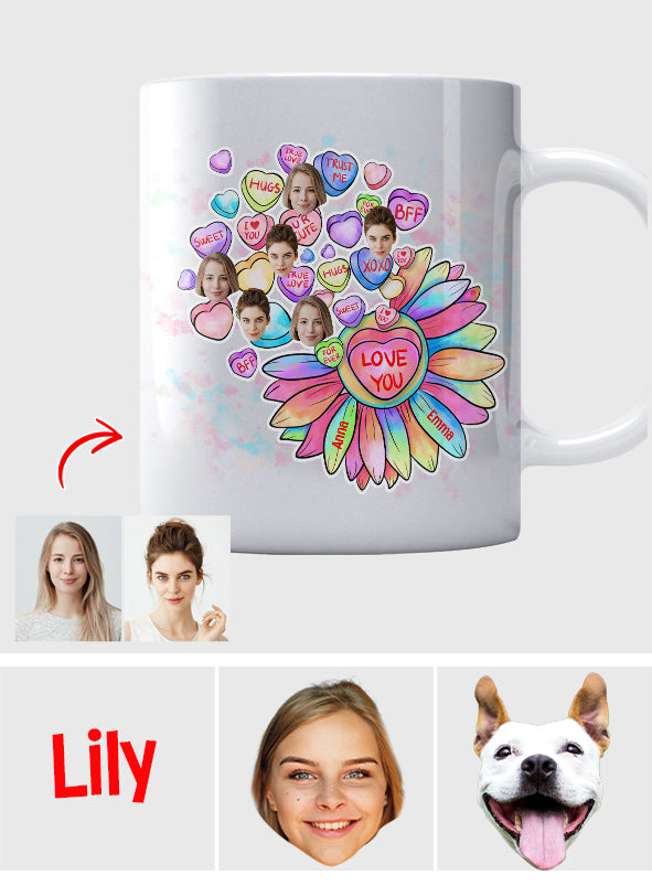 Mug personnalisé pour meilleure amie - Cœur, bonbon et fleur - Avec visage
